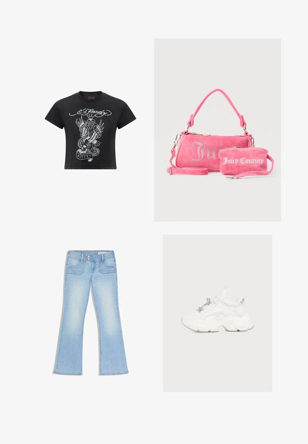 Zwart cropped t-shirt van katoen, met een grijze grafische print van een schedel, slang en vleugels, met het label "New York City."; Lichtblauwe uitlopende spijkerbroeken met dubbele knoopsluiting, voorzakken en vervaagde details op de dijen en knieën.; Witte chunky sneaker met dikke zool en decoratieve zilveren ster en kralen op de veters, zijaanzicht tegen een effen achtergrond.; Twee roze Juicy Couture-tassen, één grotere met kristallen letters en een handvat, één kleinere met witte letters en een polsriempje, op een grijze achtergrond.