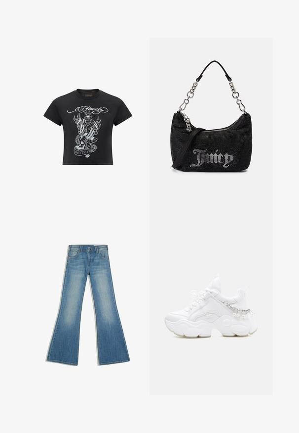 Zwart cropped t-shirt van katoen, met een grijze grafische print van een schedel, slang en vleugels, met het label "New York City."; Blauwe spijkerbroek met uitlopende pijpen, voorzakken en knoopsluiting, afgebeeld tegen een witte achtergrond.; Witte chunky sneaker met dikke zool, veters aan de voorkant en kettinkdetail met hangende parels op de hiel.; Zwarte tas met rhinestone versieringen, een gebogen vorm en een zilveren kettinghandvat. Voorzien van een rits en het "Juicy" logo in het wit.