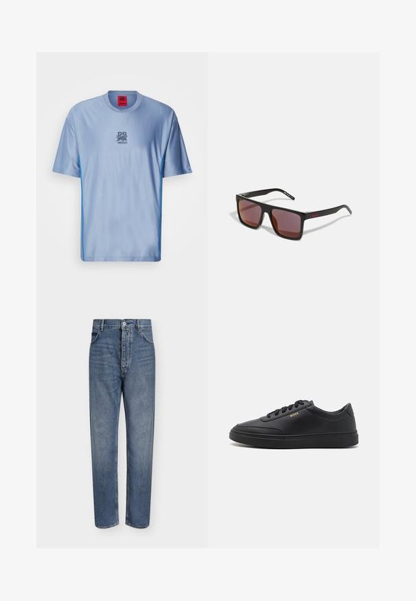 Lyseblå sporty t-shirt med en tekstureret mønster, rund halsudskæring, kontrasterende blå sidelogoer og et grå logo på brystet.; Straight-leg blå denim jeans med høj talje, frontknaplukning og fem-lomme design på en ensartet lys baggrund.; Sorte lædersneakers med en glat overflade, rund tå, flad gummisål og tonede snørebånd. Udstyret med guld "BOSS" branding på siden.; Sorte rektangulære solbriller med mørkerøde linser, med en mat finish og rød logo på stangen. Solid plastikramme.