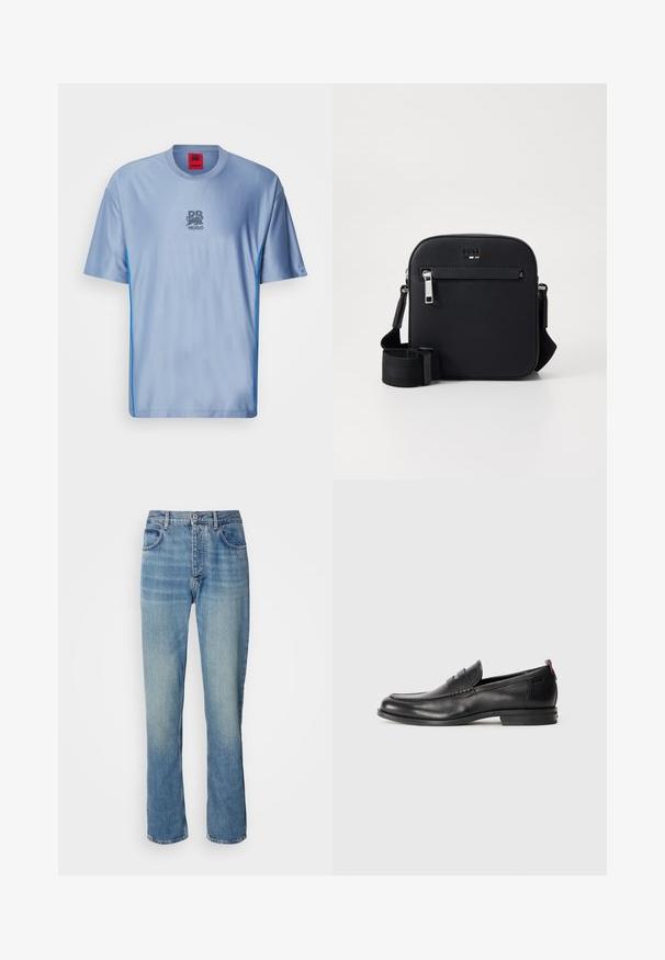 Lyseblå sporty t-shirt med en tekstureret mønster, rund halsudskæring, kontrasterende blå sidelogoer og et grå logo på brystet.; Lyseblå straight-leg denim jeans med høj talje, frontknap, lynlås lukning og fem-lomme design.; Sorte læderloafers med rund tå, stikninger og en lille rød detalje ved hælen. Lav profil gummisål.; Sort skuldertaske i læder med en glat tekstur, har en lynlåslomme foran, justerbar rem og et elegant firkantet design.