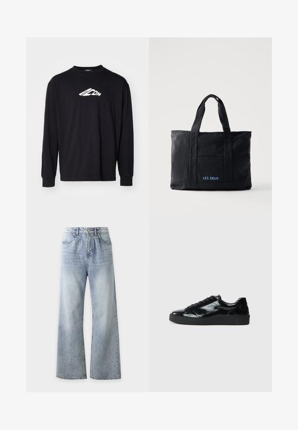 T-shirt noir à manches longues en coton, avec un logo blanc sur la poitrine. Encolure ronde classique et poignets côtelés.; Jean bleu clair taille haute à jambes larges avec poches avant, fermeture à boutons et délavage sur les cuisses et les genoux.; Baskets en cuir verni noir avec un bout arrondi, un laçage, une semelle en caoutchouc texturé et une finition lisse.; Sac cabas en toile noire avec deux anses, poche avant et "LES DEUX" brodé en bleu sur la poche avant.