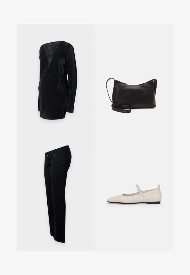 Musthave, mustaega rihmedega must top, mis on pikkade varrukatega, sügava V-kujulise kaelusega ja kogutud vöökoht, tagades mugava istuvuse.; Mustad teksad otse lõikega, millel on eesnupp, vöökohad ja viis taskut. Sile, mati tekstuuriga.; Valged nahast baleriinajalanõud terava ninaga, pahkluu rihma ja madala musta kontsaga. Sile tekstuur, väheste detailidega.; Mustmust nahk õlakotil on sile tekstuur, kumer kuju, reguleeritav rihm ja lukuga sulgemine. Minimalistlik disain ilma kaunistusteta.