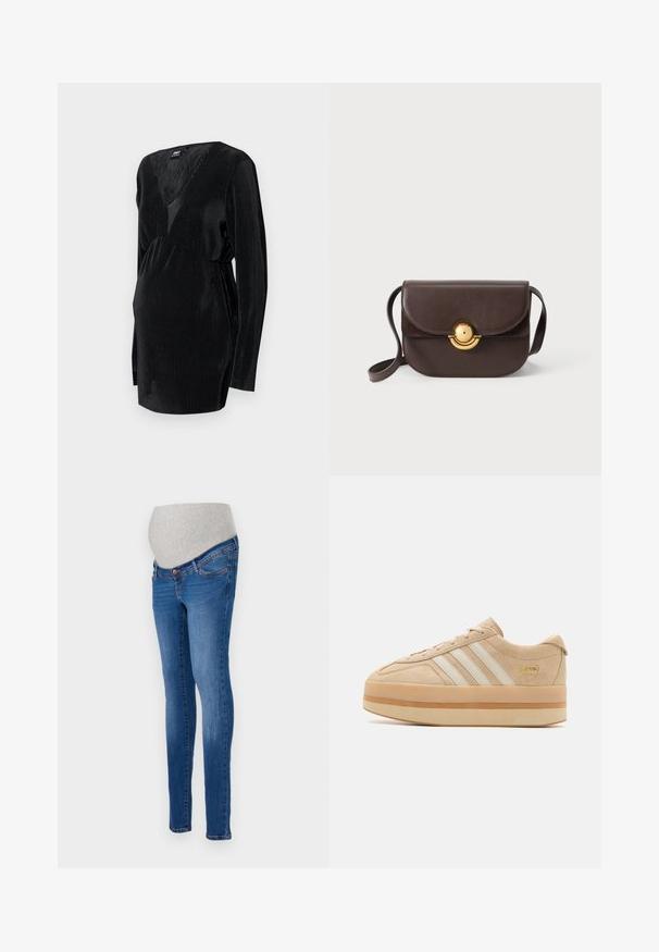 Haut de maternité noir à manches longues en texture côtelée, avec un décolleté en V profond et un design de taille froncée pour un ajustement confortable.; Jeans de maternité en denim bleu avec une coupe ajustée. Dotés d'un panneau en stretch gris pour le confort. Design classique à cinq poches avec un léger délavage.; Baskets plates en suède beige avec trois bandes blanches, bout rond et semelle en caoutchouc beige arborant un accent logo doré sur le côté.; Sac bandoulière en cuir marron foncé avec un rabat arrondi et une boucle circulaire dorée sur un fond uni gris clair.