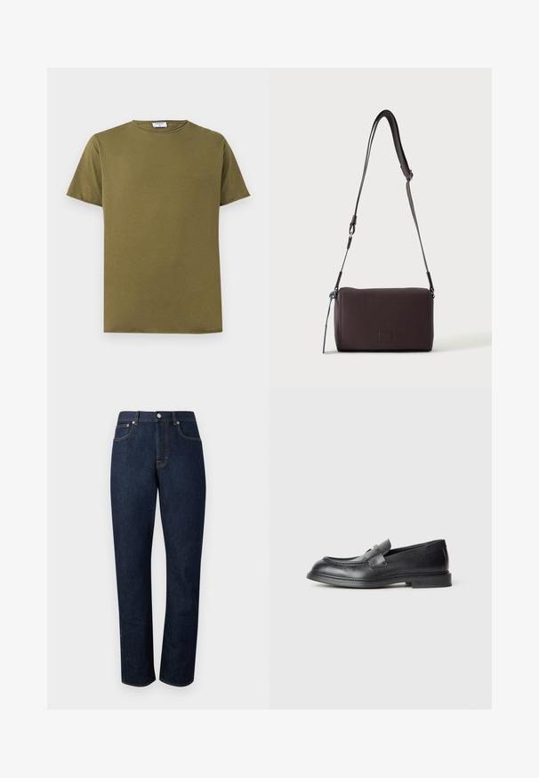 T-shirt en coton uni vert olive à manches courtes, col rond, avec une étiquette de marque blanche visible à l'intérieur du col.; Jean en denim bleu foncé à jambes droites avec cinq poches, fermeture à boutons à l'avant, et surpiqûres contrastantes sur un fond uni.; Mocassins en cuir noir avec une finition texturée, dotés d'une bride décorative à l'avant et d'un bout arrondi. Semelle en caoutchouc pour plus de durabilité.; Sac bandoulière en cuir marron foncé texturé avec une sangle réglable et un petit accent décoratif bleu sur le côté.