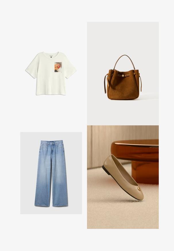 T-shirt blanche à manches courtes en coton avec un imprimé sur la poitrine d'une main tenant un fruit en forme de cœur sur un fond clair.; Jeans en denim large de couleur bleu clair avec des poches avant, des passants de ceinture, et une fermeture à bouton et à zipper.; Ballerine beige en cuir avec semelle noire et emblème doré sur l’orteil, positionnée sur un tapis crème à côté d’un meuble arrondi couleur ambre.; Sac à main en cuir suédé marron avec une forme structurée, doté d'une anse supérieure, de sangles latérales ajustables et d'un petit accent en bouton à l'avant.