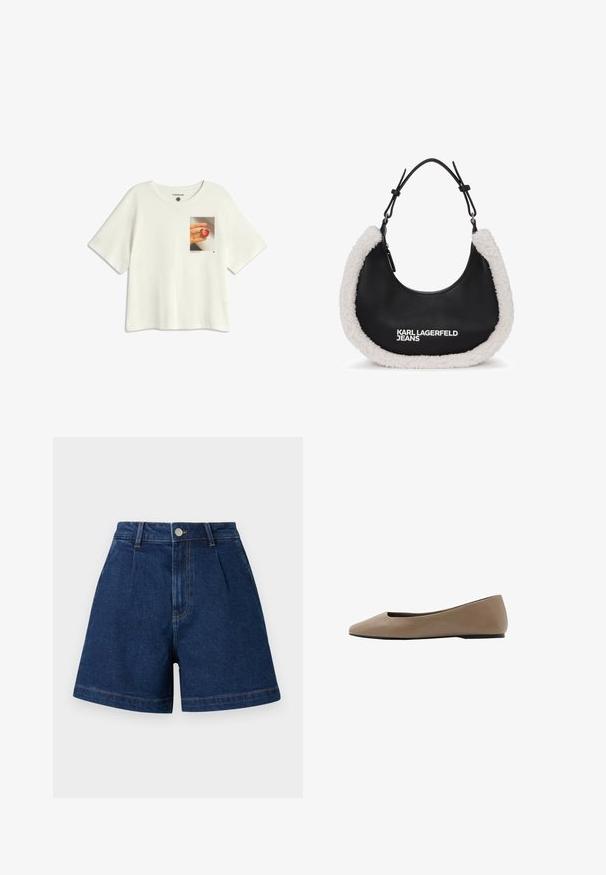 T-shirt blanche à manches courtes en coton avec un imprimé sur la poitrine d'une main tenant un fruit en forme de cœur sur un fond clair.; Short en denim bleu foncé taille haute avec plis à l'avant, fermeture par bouton, passants pour ceinture et jambes larges.; Chaussure plate en cuir beige avec bout pointu et semelle noire, conçue pour un usage décontracté ou professionnel.; Sac à main noir avec des bordures en fausse fourrure blanche douce, présentant une forme arrondie et une fermeture à glissière. Le logo "KARL LAGERFELD JEANS" est affiché en évidence.