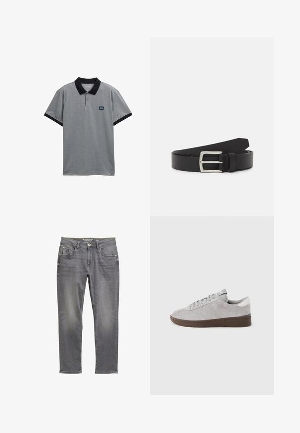 Camisa polo gris con cuello y acentos en las mangas en negro. Cuenta con cierre de tres botones y un pequeño parche de logo en el pecho. Tejido de mezcla de algodón.; Jeans slim fit para hombre en gris, con botón y cremallera frontal, estilo de cinco bolsillos, talla 32/32, marca Tom Tailor.; Zapatilla baja de ante gris con suela marrón, cordones delanteros y detalle blanco en el talón, mostrada sobre un fondo blanco liso.; Cinturón de cuero negro con hebilla de metal plateado. Presenta una textura suave y un diseño clásico con una sola punta.