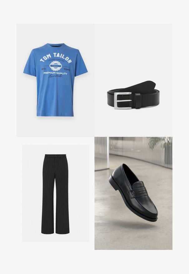 Μπλε κοντομάνικο T-shirt από βαμβάκι. Διαθέτει εκτυπωμένο κείμενο με "TOM TAILOR" και λογότυπο. Κλασική στρογγυλή λαιμόκοψη και ίσια τελείωση.; Μαύρο παντελόνι με φαρδιά μπατζάκια και άσπρες κάθετες λεπτές ρίγες, κουμπί και θηλιές για ζώνη στη μέση.; Μαύρο δερμάτινο μοκασίνι με λεία υφή, μυτερή μύτη και διακοσμητικό λουράκι στο πάνω μέρος. Ελαφριά σόλα, μινιμαλιστικός σχεδιασμός.; Μαύρη δερμάτινη ζώνη με λεία υφή, ασημένια ορθογώνια αγκράφα και θηλιά για το τέλος. Διαθέτει τακτοποιητή ραφή κατά μήκος των άκρων.
