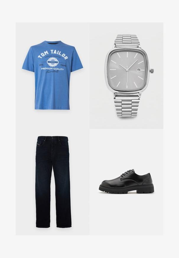 Blå kortærmet T-shirt lavet af bomuld. Har trykt tekst med "TOM TAILOR" og logo. Klassisk rund halsudskæring og lige kant.; Mørkeblå denim jeans med lige ben-design, der har en frontlomme og en knaplukning. Stoffet har en glat tekstur og en subtil glans.; Sorte lædersko med rund tå, snørelukning og en tykk, struktureret gummisål. Har syninger langs kanten og en glat overflade.; Sølv analogt armbåndsur med firkantet urskive, minimale timemarkører, tre visere og en datovisning, der viser den 7.
