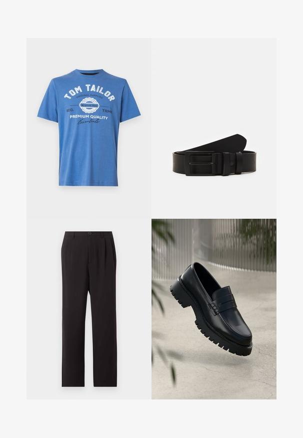 Blauwe T-shirt met korte mouwen van katoen. Voorzien van geprinte tekst met "TOM TAILOR" en logo. Klassieke ronde halslijn en rechte zoom.; Zwarte hooggetailleerde, op maat gemaakte broek met plooien, knoopsluiting, ceintuurlussen en rechte pijpen op een effen lichte achtergrond.; Zwarte leren instappers met een chunky loopzool, voorzien van een decoratieve band en stikseldetails. Gladde textuur met een gepolijste afwerking.; Zwarte leren riem gerold met een matte zwarte rechthoekige metalen gesp en twee riemlussen op een witte achtergrond.