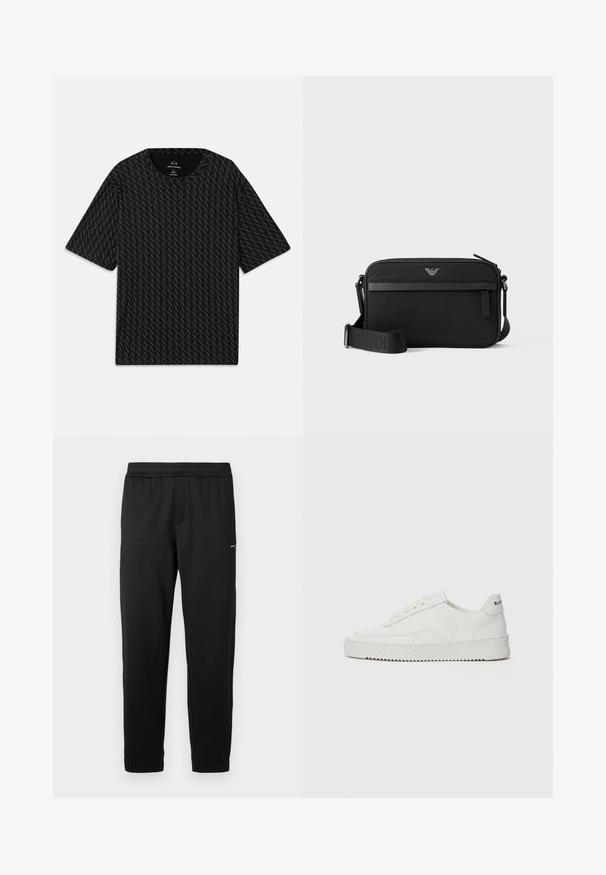 T-shirt noir avec un motif texturé de logos 'A' alternés, manches courtes et col rond. Fabriqué en tissu léger.; Pantalon de sport noir en tissu doux. Taille élastique et poignets élastiques. Présente un petit logo sur le côté. Coupe droite.; Baskets en cuir blanc avec une finition lisse, bout arrondi, lacets plats et semelle texturée. Présente un logo discret sur le talon.; Sac bandoulière rectangulaire noir avec poche avant zippée, sangle réglable et petit logo métallique en haut au centre.