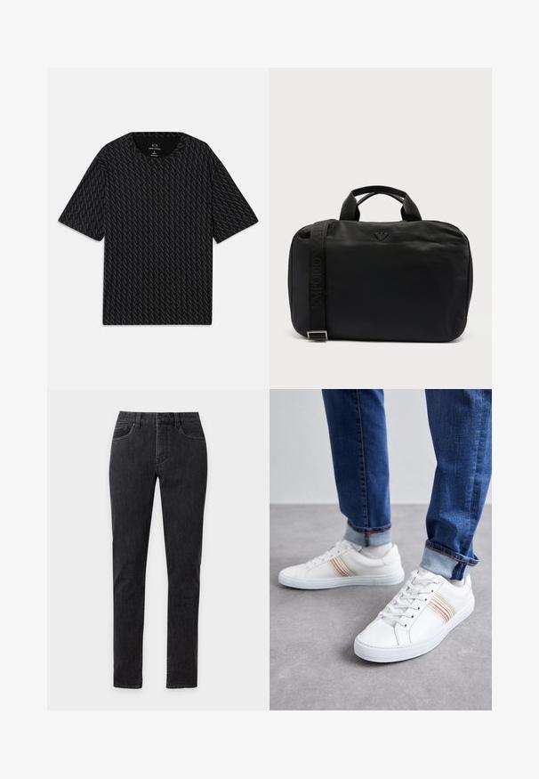 T-shirt noir avec un motif texturé de logos 'A' alternés, manches courtes et col rond. Fabriqué en tissu léger.; Jean noir slim fit avec cinq poches, passants de ceinture et coutures visibles, présenté de face sur un fond uni.; Baskets en cuir blanc avec des rayures multicolores, design à lacets, semelle en caoutchouc et col rembourré, associées à un jean en denim bleu.; Sac d'épaule rectangulaire noir avec deux poignées, logo Emporio Armani à l'avant, et sangle réglable avec marque sur le côté gauche.