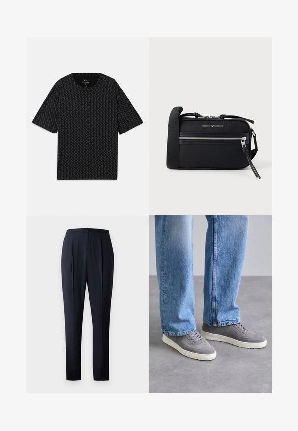 Camiseta negra con un patrón texturizado de logos 'A' alternados, mangas cortas y escote redondo. Fabricada con tejido ligero.; Pantalones azul marino con un corte relajado, frente plisado y cintura elástica. La tela tiene un acabado suave con un ligero brillo.; Zapatillas grises con parte superior de ante y suela de goma. Presentan punta redondeada, seis oberturas para cordones y detalles texturizados. Combinadas con unos jeans de color azul claro.; Bolso bandolera de nylon negro con herrajes plateados, cremallera superior, bolsillo delantero y logotipo en relieve. Correa ajustable incluida.