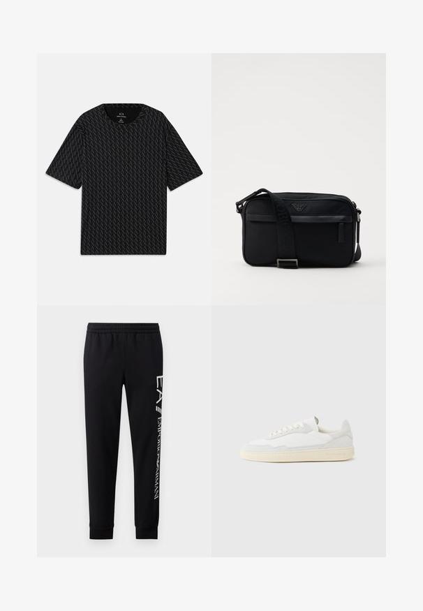 T-shirt noir avec un motif texturé de logos 'A' alternés, manches courtes et col rond. Fabriqué en tissu léger.; Pantalons de survêtement noirs en mélange de coton, dotés d'une taille élastique, de jambes fuselées, de poignets côtelés et d'un imprimé logo blanc sur le côté.; Baskets blanches avec dessus en daim et cuir texturé. Caractérisées par un bout arrondi, une fermeture à lacets et une semelle en caoutchouc beige contrastante.; Sac à bandoulière en nylon noir avec une sangle contrastante, une forme rectangulaire élégante, un détail de logo et une poche zippée à l'avant.