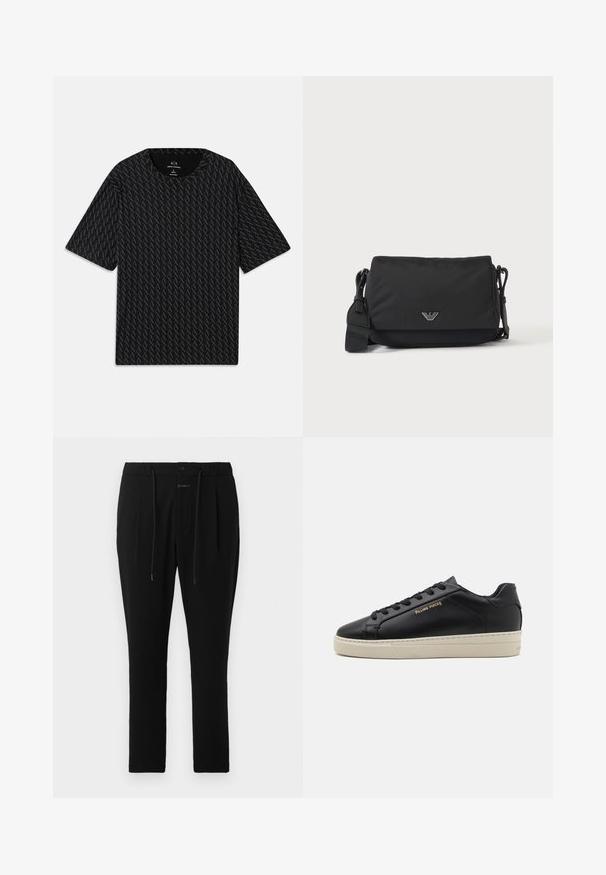 T-shirt noir avec un motif texturé de logos 'A' alternés, manches courtes et col rond. Fabriqué en tissu léger.; CLOSED VIGO TAPERED - Chino - dark night; Sneaker en cuir noir avec une finition lisse, semelle crème contrastante, bout arrondi, logo doré sur le côté et six œillets pour les lacets.; Sac bandoulière noir avec sangle réglable et petit emblème logo argenté sur le rabat avant, présenté sur un fond clair uni.