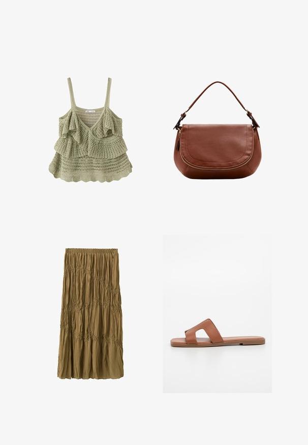 Haut sans manches au crochet vert clair avec des couches à volants, un col en V et des bretelles fines.; Jupe longue marron avec taille élastique et détails de tissu froncés créant des motifs ondulés horizontaux tout au long de sa longueur.; Sandale à glissière en cuir marron avec un design à orteils ouverts, une large bride avec un détail découpé, une semelle plate et une texture lisse.; Sac à bandoulière en cuir marron avec rabat arrondi et détail de fermeture éclair dorée, doté d'une bandoulière réglable unique.