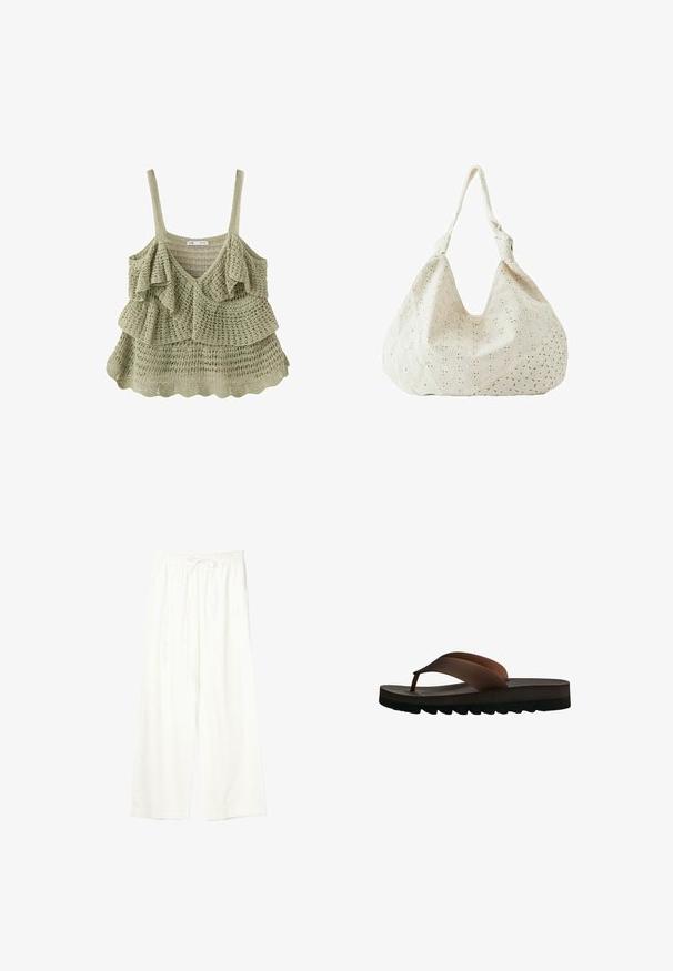 Haut sans manches au crochet vert clair avec des couches à volants, un col en V et des bretelles fines.; Pantalon blanc à jambes larges avec taille élastique et cordon de serrage, en tissu léger.; Sandale tongs en cuir marron avec semelle épaisse et bande de roulement noire texturée, vue de côté sur fond blanc.; Sac à épaule en tissu couleur crème avec broderie florale à œillets et une seule bandoulière souple.