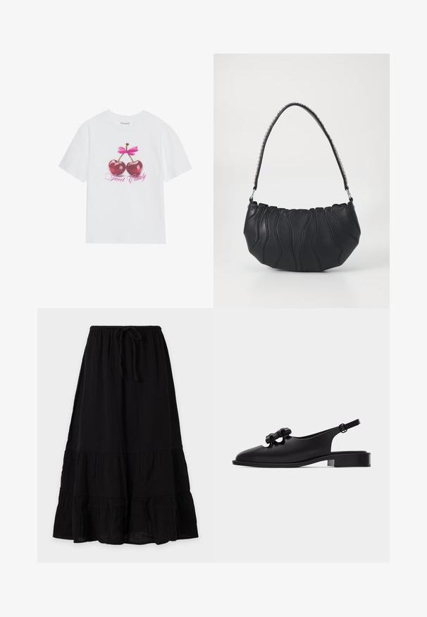 T-shirt en coton blanc mettant en avant un design graphique de deux cerises rouges brillantes avec un nœud rose au-dessus et le texte "Douce Friandise" en rose.; Jupe noire longueur cheville à coupe ample, taille élastique avec cordon de serrage et design en volants superposés, présentée sur un fond uni.; Chaussure slingback plate en cuir noir avec petit talon et trois nœuds décoratifs sur le dessus, vue latérale sur fond blanc.; Sac à main en cuir noir avec une forme courbée, un détail de couture ondulée et une bandoulière en chaîne argentée. Texture lisse, taille compacte.