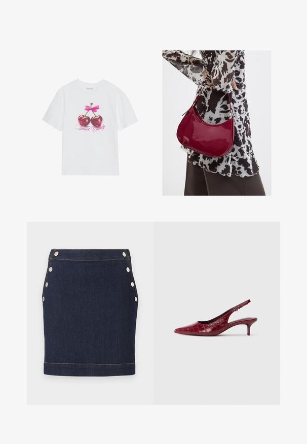 T-shirt en coton blanc mettant en avant un design graphique de deux cerises rouges brillantes avec un nœud rose au-dessus et le texte "Douce Friandise" en rose.; Mini-jupe en denim bleu foncé avec six boutons-pression argentés, trois de chaque côté, et une couture visible marron clair à la taille et à l'ourlet.; Escarpin à talon kitten en cuir bourgogne avec texture crocodile, bout pointu, bride ajustable et talon bas sur fond blanc.; Femme portant un chemisier à motif noir et blanc tenant un sac à main rouge brillant sur un fond uni.