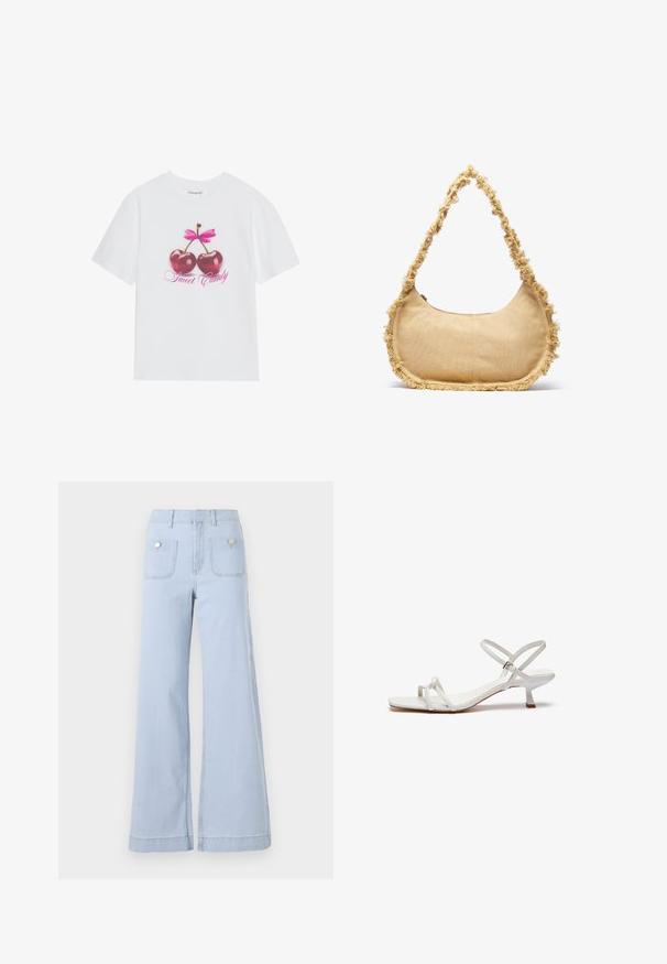 T-shirt en coton blanc mettant en avant un design graphique de deux cerises rouges brillantes avec un nœud rose au-dessus et le texte "Douce Friandise" en rose.; Jean large en denim bleu clair, avec une taille haute, de grandes poches avant et des accents métalliques sur les poches arrière.; Sandalette blanche à lanières avec un petit talon, semelle plate et bride de cheville ajustable. Matériau lisse avec un design simple.; Sac beige texturé de forme arrondie, avec un bord effiloché tout le long des bords et une courte sangle pour le porter. Ouverture zippée en haut.