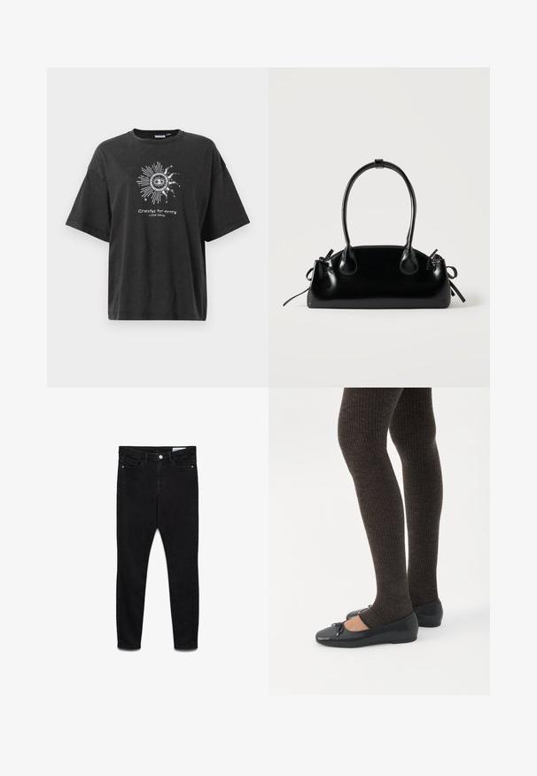 Camiseta negra de manga corta con cuello redondo. Presenta un gráfico blanco de un sol y el texto "Agradecido por cada pequeña cosa". Tejido suave.; Vaqueros pitillo negros de tiro alto con botón y cremallera frontal, dos bolsillos delanteros y dos bolsillos traseros, mostrados planos sobre un fondo blanco.; Piernas con leggings oscuros acanalados combinados con bailarinas negras que presentan pequeños detalles de lazo sobre un fondo blanco.; Pequeño bolso negro brillante con dos asas largas y detalles de cordón lateral sobre un fondo claro liso.