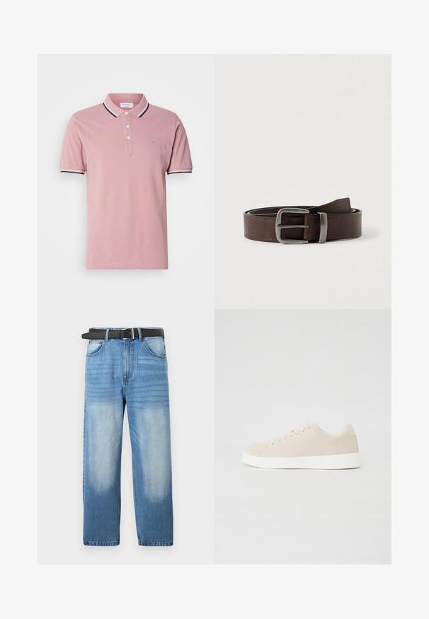 Lyserød polo shirt med en to-knaps stolpe, ribbet krave med marineblå og hvide striber og et diskret logo broderet på brystet.; Lys blå denim jeans med lige ben, udstyret med et sort bælte, falmede pletter og subtil diagonalt mønster i den øverste sektion.; Beige ruskindsneakers med hvide gummisåler, rund tå og seks snøringshuller. Glat tekstur med minimalisk design.; Mørkebrunt læderbælte med sølv rektangulært spænde, rullet og placeret mod en lys neutral baggrund.