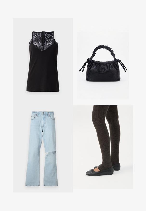 Sort tanktop med blondeoverlay ved udskæringen, med et V-formet design og en lynlås i ryggen. Glat stoftekstur.; Lysblå denimjeans med flared design, der har et slidtegning på knæet og standard frontlommer.; Ben iført mørke ribbede leggings kombineret med sorte balletsko med små sløjfedetaljer på hvid baggrund.; Sort taske med krokodilletekstur, rynket øverste kant, samlet hank og snore med kvaster på hver side mod en hvid baggrund.