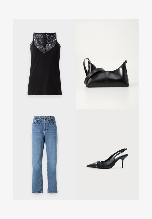 Sort tanktop med blondeoverlay ved udskæringen, med et V-formet design og en lynlås i ryggen. Glat stoftekstur.; Lyseblå denimjeans med lige pasform, høj talje, der har en frontsløjfe og klassisk fem-lomme design. Struktureret overflade med subtile falmninger.; Sort læder højhælet sko med spidst tåparti, slingback og rem med spænde og nitter foran.; Sort læderhåndtaske med en glat tekstur. Har en justerbar stropp og et enkelt, minimalistisk design med lynlås.