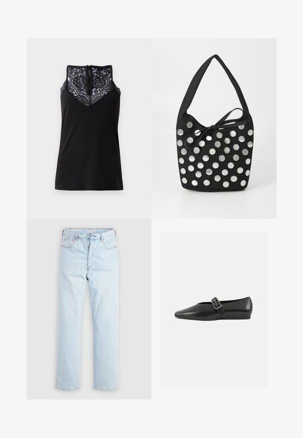Sort tanktop med blondeoverlay ved udskæringen, med et V-formet design og en lynlås i ryggen. Glat stoftekstur.; Lyseblå jeans med højtaljet, lige ben, knapgylp samt lommer foran og bagpå på ensfarvet hvid baggrund.; Sorte læder flade sko med spidse tæer, prydet med en metallisk spænde over vristen og en lav, fleksibel sål.; Sort stof håndtaske med en afrundet form, der har sølvfarvede cirkulære metalnitter arrangeret i et mønster, samt et bundet stofaccent.