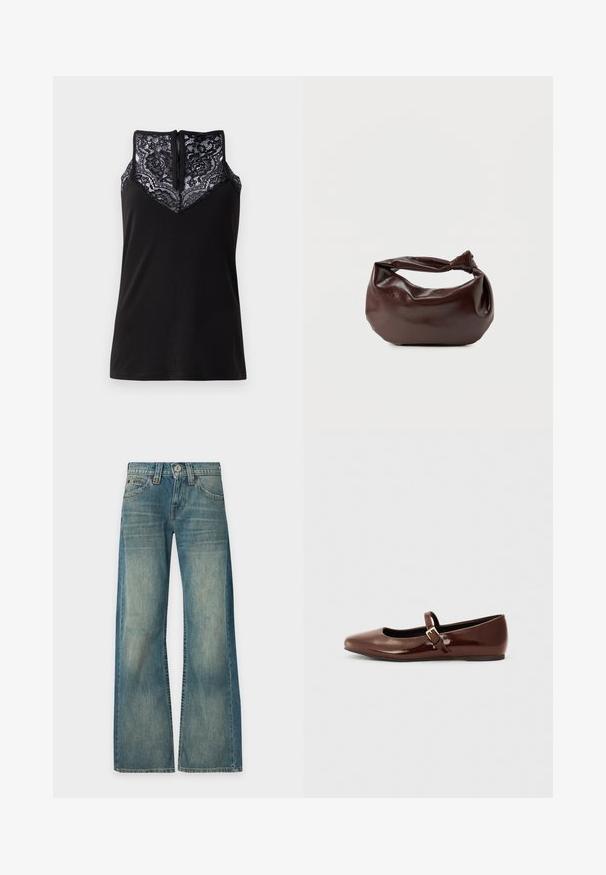 Sort tanktop med blondeoverlay ved udskæringen, med et V-formet design og en lynlås i ryggen. Glat stoftekstur.; Blå denimjeans med falmet vask, høj talje, brede ben, frontknap og lynlås samt fem lommer, vist mod en ensfarvet baggrund.; Brun patentlæder balletflade med firkantet tå og strop med en lille guldbuckle. Glat tekstur, lav hæl og minimalistisk design.; Mørkebrun læder skuldertaske med en blød, afslappet form og et snoet knudehåndtag på en ensartet hvid baggrund.