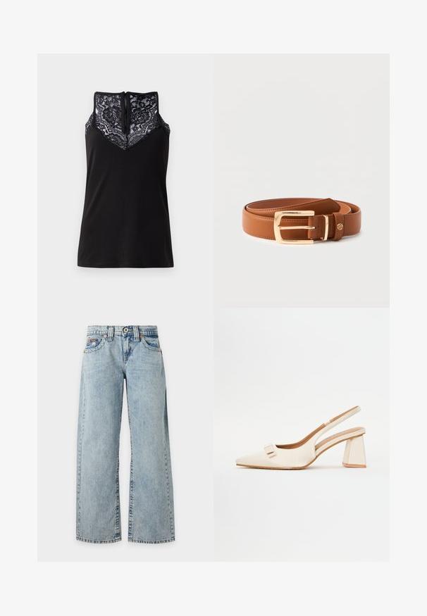 Zwart tanktop met een kanten overlay bij de halslijn, voorzien van een V-vormig ontwerp en een ritssluiting aan de achterkant. Glad textuur van de stof.; Lichtblauwe denim jeans met wijde pijpen en hoge taille, vijf zakken, riemlussen, knoop aan de voorkant en ritssluiting, getoond tegen een effen achtergrond.; Bianco Slingbacks BIAMARALYN - Bruidsschoenen - off white; Bruine leren riem met gouden rechthoekige gesp en klein rond goudkleurig logo detail op de ring, plat gerold op een witte achtergrond.