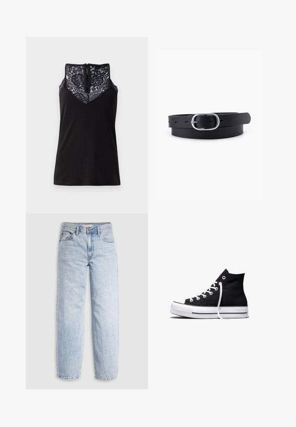Top negro sin mangas con un encaje en la parte del escote, que presenta un diseño en forma de V y un cierre de cremallera en la parte posterior. Textura de tela suave.; Jeans de mezclilla azul claro con cintura alta, corte relajado, piernas rectas y un diseño clásico de cinco bolsillos. Desgastado visible y detalles de costuras.; Zapatilla alta de lona negra con suela de goma blanca y cordones blancos, vista de lado sobre un fondo blanco.; Cinturón de cuero negro con una textura suave, hebilla ovalada de metal plateado y múltiples agujeros de ajuste a lo largo de la correa. Diseño plano y minimalista.