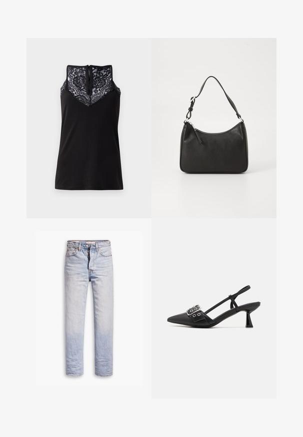 Sort tanktop med blondeoverlay ved udskæringen, med et V-formet design og en lynlås i ryggen. Glat stoftekstur.; Lyseblå denimjeans med lige ben, der har en knaplukning, fem lommer og en diskret falmning langs benene.; Simmi London DALA - Pumps - black; Sort læderhåndtaske med en buet form, en enkelt rem, lynlås lukning og diskret branding på forsiden. Glat tekstur, minimalistisk design.