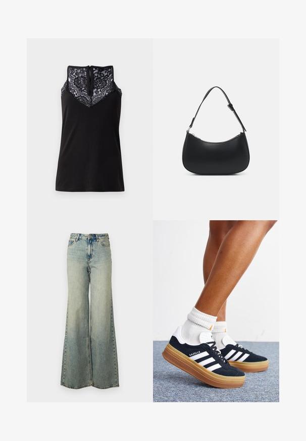 Sort tanktop med blondeoverlay ved udskæringen, med et V-formet design og en lynlås i ryggen. Glat stoftekstur.; Lyseblå vide jeans lavet af denim, med høj talje, bleget vask og sidelommer med synlige stikninger.; Ben iført hvide sokker og sorte Adidas Gazelle sneakers med hvide striber og tykke brune såler på et gråt tæppe.; Pieces PCALUANA SHOULDER BAG - Håndtasker - black