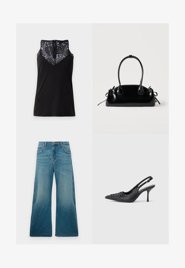 Sort tanktop med blondeoverlay ved udskæringen, med et V-formet design og en lynlås i ryggen. Glat stoftekstur.; Højtaljede blå denimjeans med brede ben, frontlommer, knaplukning og en falmet farvegradient fra talje til kant.; Sorte læder slingback stiletto med spids tå, side spændebånd, nitter langs kanten og dekorativ snøring foran.; Lille sort blank håndtaske med to lange håndtag og snøre-detaljer i siden på en ensfarvet lys baggrund.