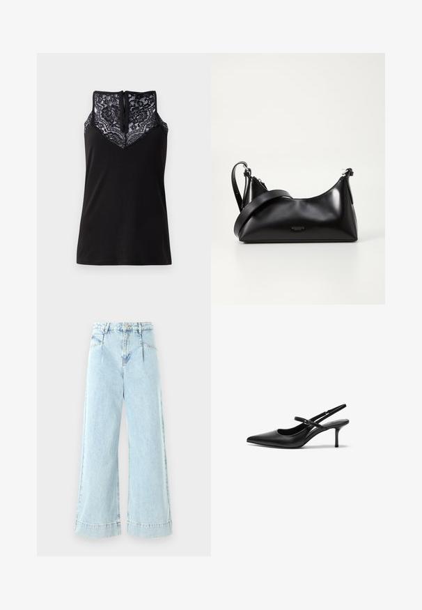 Sort tanktop med blondeoverlay ved udskæringen, med et V-formet design og en lynlås i ryggen. Glat stoftekstur.; Lyseblå vidbenede jeans lavet af denim, med høj talje, forlommer og syede detaljer ved kanten.; Sorte læder slingback hæle med spids tå, slank justerbar rem og en stiletto hæl på cirka 5 cm, glat tekstur.; Sort læderhåndtaske med en glat tekstur. Har en justerbar stropp og et enkelt, minimalistisk design med lynlås.