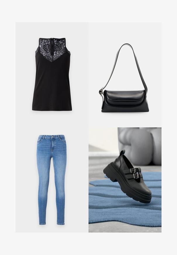 Zwart tanktop met een kanten overlay bij de halslijn, voorzien van een V-vormig ontwerp en een ritssluiting aan de achterkant. Glad textuur van de stof.; Skinny jeans in lichtblauwe denim, met een middelhoge taille, vijf zakken en tonale stiksels, afgewerkt met een zachte textuur.; Zwarte leren schoenen met een dikke plateauzool, dubbele gespsluitingen en een ronde neus, geplaatst op een gestructureerd blauwe vloerkleed.; Zwarte leren handtas met een gestructureerde vorm, een gladde textuur en een enkele schouderband. Heeft een subtiele, afgeronde klepontwerp.