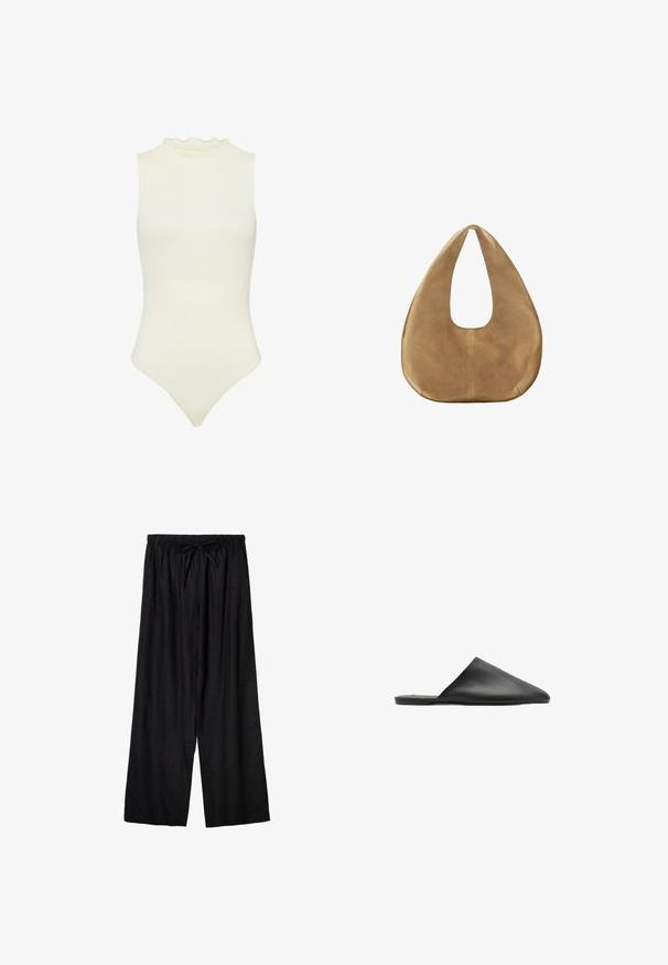 Hvid ærmeløs bodysuit med høj hals, prydet med en flæse, lavet af strækbart ribbet materiale, med en tætsiddende silhuet.; Sorte bukser med brede ben, elastisk talje og snøre foran, lavet af let stof.; Sort lædersko uden snørebånd med spids tå og glat tekstur, med et minimalistisk design og flad sål.; Tanfarvet ruskinds-hobo-taske med bred, rundet krop og enkelt fladt håndtag, vist mod en ensfarvet hvid baggrund.