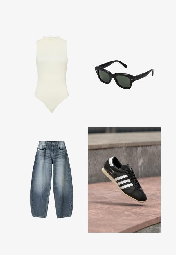 Bodysuit blanc sans manches avec un col haut, orné d'une bordure à volants, fabriqué en matériau côtelé extensible, avec une silhouette ajustée.; Jean large en denim bleu clair avec décoloration, présentant un design à cinq poches, un bouton de fermeture et des détails de couture minimaux.; Baskets en cuir noir avec des rayures blanches et une semelle blanche, lacées, flottant au-dessus d'une surface en béton rosée avec un mur en pierre grise en arrière-plan.; Lunettes de soleil carrées noires avec des verres vert foncé, présentant des montures audacieuses et des accents argentés sur les côtés. Fabriquées en Italie.