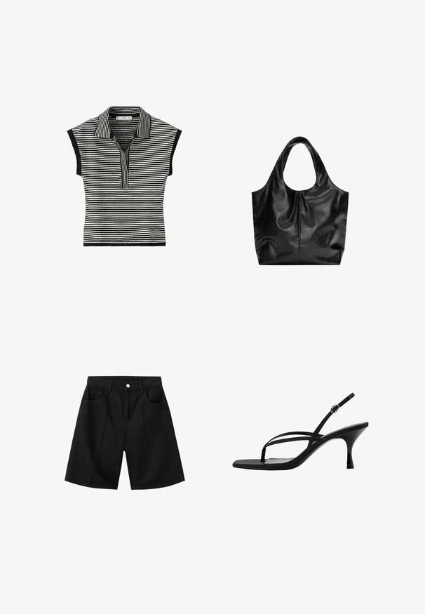 Haut tricoté à manches courtes rayé noir et blanc avec un col et une patte de boutonnage à l'avant, orné d'une bordure noire aux manches et à l'ourlet.; Short en denim noir avec bouton devant, passants pour ceinture et deux poches avant, présenté sur fond blanc.; Sandale noire à talons hauts avec fines lanières, bride arrière à la cheville avec boucle, et talon moyen effilé.; Sac fourre-tout en cuir noir avec une texture lisse, un haut arrondi doux et de larges poignées. Présente une couture minimale et une silhouette décontractée.