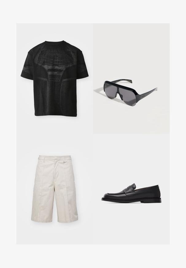 Zwarte sport T-shirt met korte mouwen, voorzien van een gestructureerd patroon en subtiele "MISBHV SPORT" tekst aan de voorkant.; Beige katoenen shorts met een rechte snit, knie-lang, met twee voorzakken en subtiele plooien voor extra textuur.; Zwarte leren penny loafer met een lage hak, ronde neus en decoratieve band over het bovenwerk, geplaatst op een eenvoudige lichte achtergrond.; Zwarte oversized schildzonnebril met donker getinte glazen en Gucci-logo op de pootjes, schuin weergegeven op een witte achtergrond.