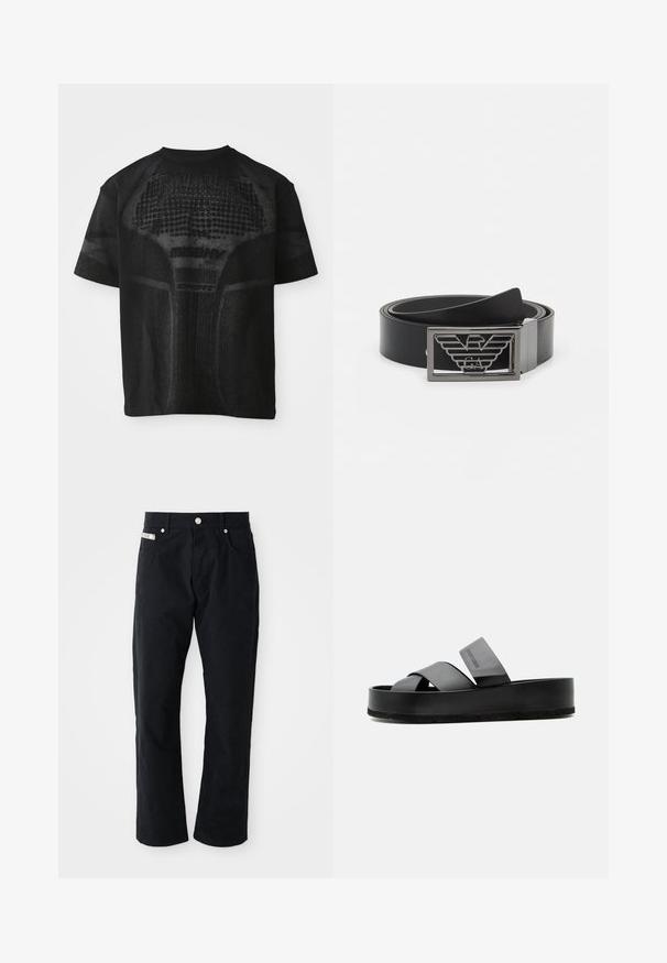 Schwarz, kurzärmliges Sport-T-Shirt mit strukturiertem Muster und dezentem "MISBHV SPORT"-Text auf der Vorderseite.; Schwarze Baumwollhosen mit geradem Bein, fünf Taschen, silbernen Akzenten und einer subtilen strukturierten Oberfläche.; Schwarze Plateausandale mit zwei breiten Lederriemen, die den Fuß überqueren, und einem großen Riemen nahe dem Knöchel.; Schwarzer Leder-Gürtel mit glatter Oberfläche und einer silbernen Metallschnalle, die ein Adlerdesign und die eingravierten Buchstaben "GA" aufweist.