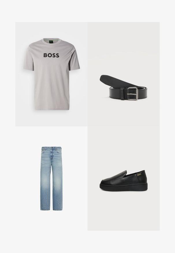 T-shirt gris clair à manches courtes en coton, avec un grand logo noir "BOSS" sur le devant. Col rond classique.; Jean bleu clair droit avec une légère décoloration et de petites zones usées près de l'ourlet inférieur des deux jambes.; Chaussure noire en cuir à enfiler avec semelle épaisse et petits trous de ventilation latéraux, avec un logo doré "HUGO" près du talon.; Ceinture en cuir noire enroulée avec une boucle rectangulaire en métal argenté sur un fond clair uni.