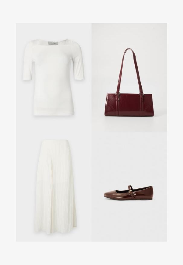 Haut blanc à manches courtes avec un décolleté carré, fabriqué dans un tissu lisse, présentant des détails discrets de coutures sur les épaules et les côtés.; Jupe maxi blanche taille haute plissée avec une seule fente devant et une finition en tissu texturé.; Ballerine en cuir verni marron avec un bout carré et une lanière ornée d'une petite boucle dorée. Texture lisse, talon bas et design minimaliste.; Sac à main bordeaux en matériau brillant, de forme rectangulaire, avec deux anses et des accents légèrement courbés à l'avant.
