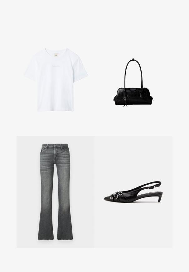 T-shirt blanc à manches courtes avec col rond, avec un logo « Calvin Klein » subtilement brodé sur la poitrine et une étiquette à l’intérieur du col.; Jean gris évasé en denim, avec une taille mi-haute, un léger délavage et un design classique à cinq poches.; Chaussure slingback en cuir noir avec bout pointu, trois boucles argentées à l'avant et petit talon kitten sur fond blanc.; Sac à épaule en cuir noir à texture crocodile, avec de longues sangles et un petit charm logo argenté sur une sangle.
