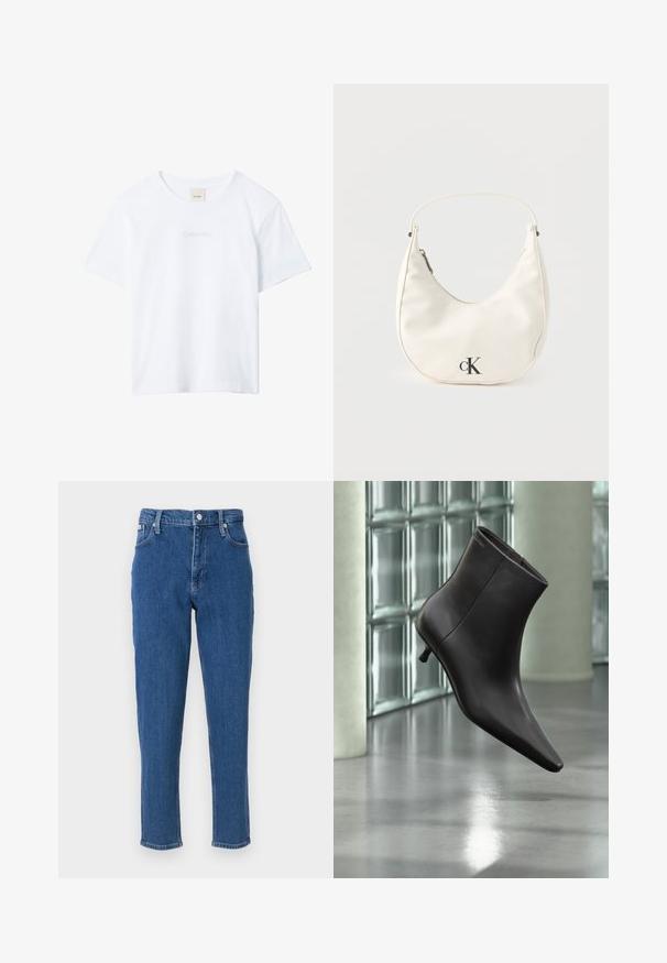 T-shirt blanc à manches courtes avec col rond, avec un logo « Calvin Klein » subtilement brodé sur la poitrine et une étiquette à l’intérieur du col.; Jean en denim bleu avec taille haute, fermeture éclair, cinq poches, jambes droites, et une texture légèrement décolorée, avec un ourlet net.; Bottine en cuir noir avec bout pointu et petit talon, présentée devant un mur en blocs de verre et un sol poli.; Petit sac à main blanc en forme de croissant avec une courte bandoulière, fermeture éclair et logo "cK" noir sur le devant.