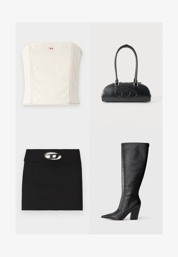 Svetlo béžový, priliehavý crop top vyrobený z bavlny, s rovnými ramenami, minimálnymi švovými detailmi a malým červeným logom na prednej strane.; Čierna mini sukňa s plochým pásom. Vpredu sa nachádza výrazná metalická pracka s logom. Vyrobená z hladkej látky bez viditeľných vzorov.; Čierna kožená čižma po kolená s špicatou špičkou a masívnym vysokým podpätkom, zobrazená v profilu zľava na bielom pozadí.; Čierna kožená kabelka s dlhými dvojitými rúčkami a vyrazeným oválnym logom vpredu, zobrazená na jednoduchom svetlom pozadí.