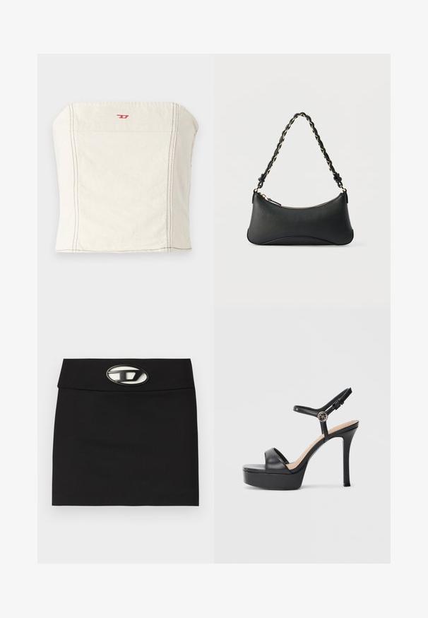 Haut court ajusté beige clair en coton, avec une encolure droite, des détails de couture minimalistes et un petit logo rouge à l'avant.; Mini-jupe noire avec une taille plate. Dotée d'une boucle logo métallique proéminente à l'avant. Fabriquée en tissu lisse sans motifs visibles.; Sandales à plateforme noires avec un talon haut stilettos, dotées d'une tige en cuir lisse, d'un bout ouvert et d'une bride de cheville ajustable avec ferrures.; Sac à bandoulière en cuir noir de forme rectangulaire incurvée, avec une chaîne dorée tissée dans la bandoulière noire tressée et une fermeture éclair sur le dessus.
