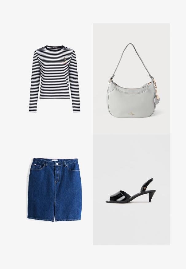 Camisa de manga larga a rayas en blanco y negro, con un cuello redondo y un pequeño personaje bordado en el pecho. Tejido suave.; Falda de mezclilla de color azul oscuro, con cierre de botones en la parte delantera y dos bolsillos. Presenta una forma recta y un corte a la altura de la rodilla.; Zapatos de tacón de charol negro tipo slingback con punta descubierta, que cuentan con un tacón delgado y un acento de marca en la tira.; Bolso de mano de cuero gris con forma curva, herrajes en tono dorado y un charm decorativo. Cuenta con cierre de cremallera y una única correa para el hombro.