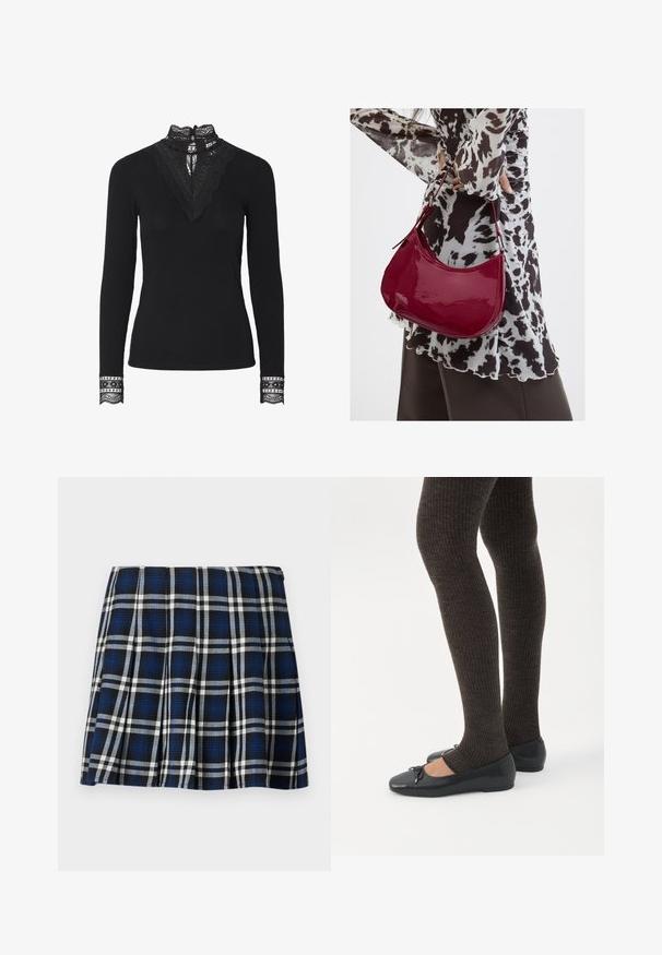 Haut noir à côtes avec manches longues et col en dentelle haute. Des accents en dentelle notables au niveau du col et des poignets ajoutent de la texture et du détail.; Jupe mini à carreaux avec des couleurs marine, noire et blanche. Dotée de plis et d'une texture lisse. Fermeture éclair sur le côté.; Jambes portant des leggings côtelés foncés associés à des ballerines noires avec de petits détails en nœud sur fond blanc.; Femme portant un chemisier à motif noir et blanc tenant un sac à main rouge brillant sur un fond uni.